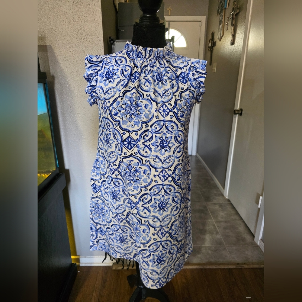 Jude Connally Blue and White Patterned Mini Dress
